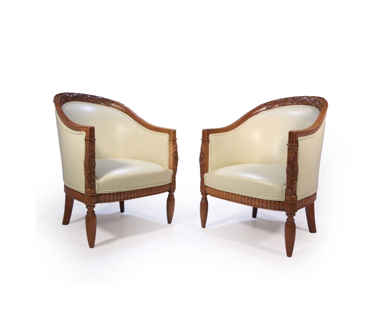 Pair Of Carved Pear-wood French Art Deco Armchairs - Hunt Vintage