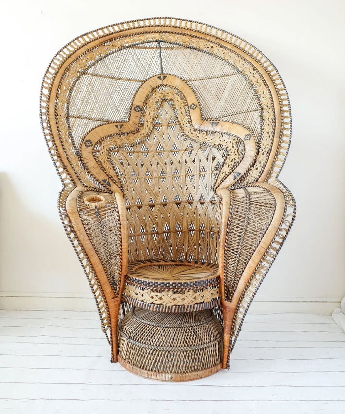 Rare Original 1970's The King of Peacock Chairs, Cobra Wicker Throne  Armchair
