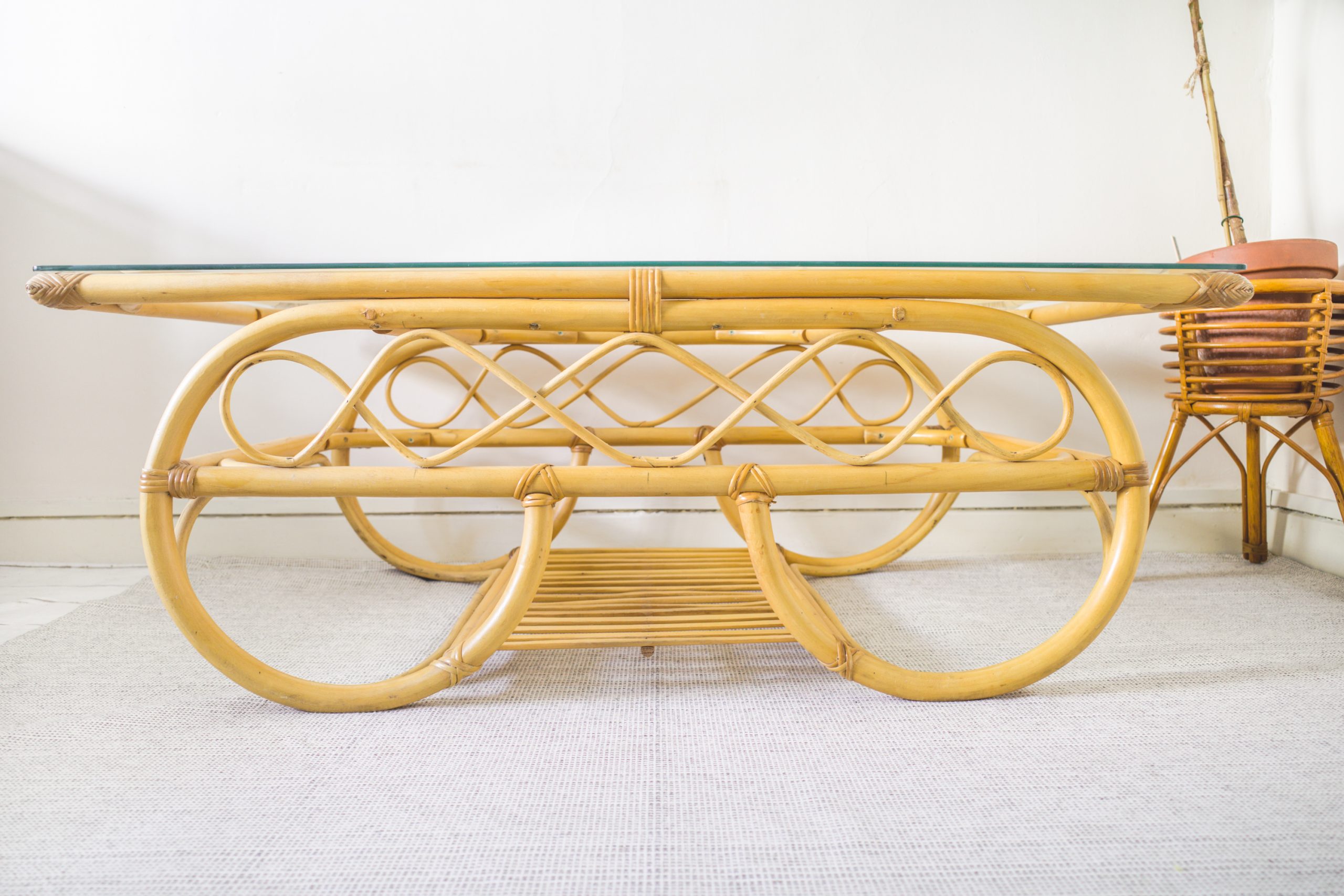 Retro Glass Top Bamboo Coffee Table - Hunt Vintage