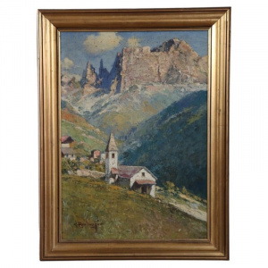 Cesare Bentivoglio Mountain Landscape With Church Oil On Canvas Signed