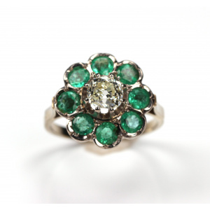 French Antique Diamond 1.09 ct. Emerald Ring 18K White Gold