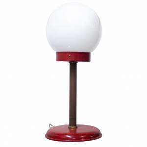 White Globe Table Lamp With Red & Brass Base, 1970s