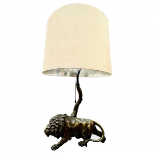 Antique Spelter Prowling Lion Tree Table Lamp Inc Shade, 1900s