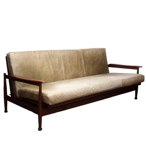 Manhattan Afromosia and Green Leather Sofa Bed by Guy Rogers, 1960s