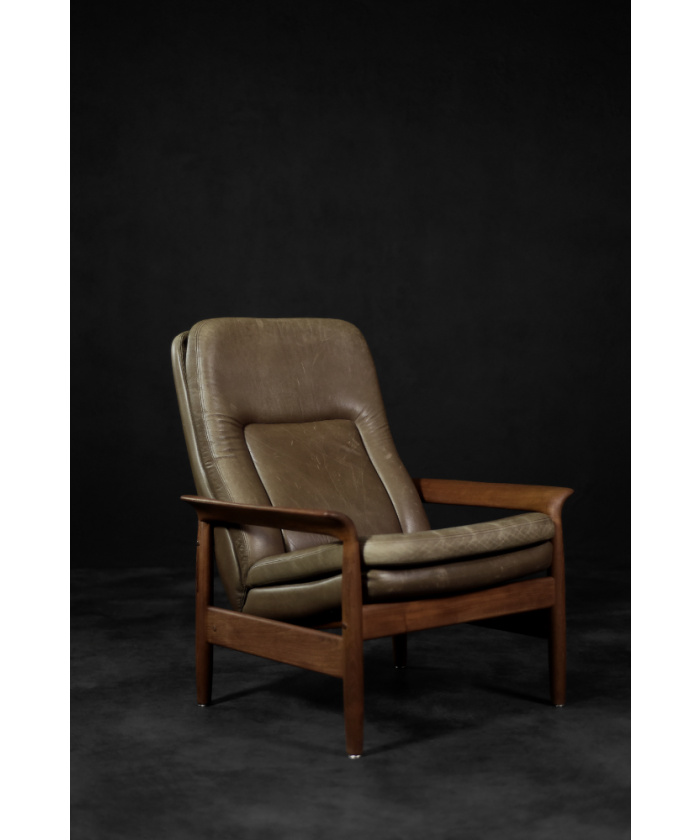 Vintage Mid-Century Danish Modern Teak Wood & Brown Leather High Armchair  with Reclining Backrest, 1960s - Hunt Vintage