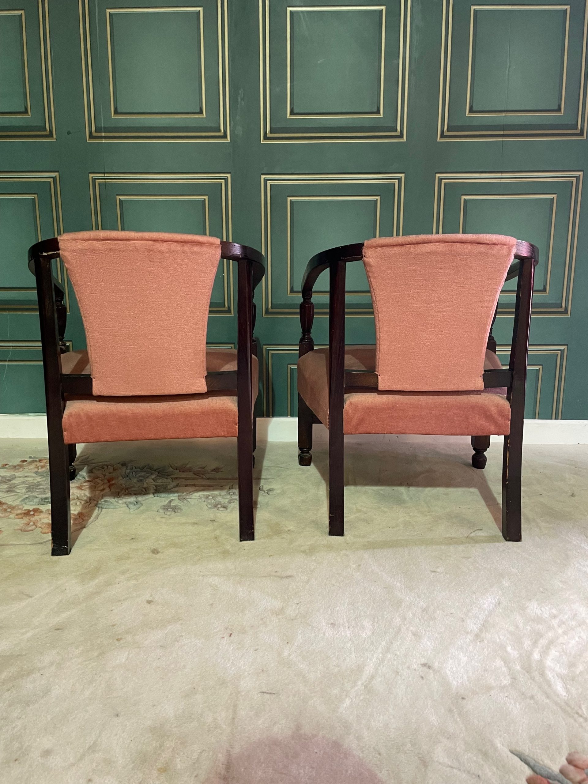 Pair of Vintage tub chairs upholstered in a dusky rose fabric - Hunt Vintage