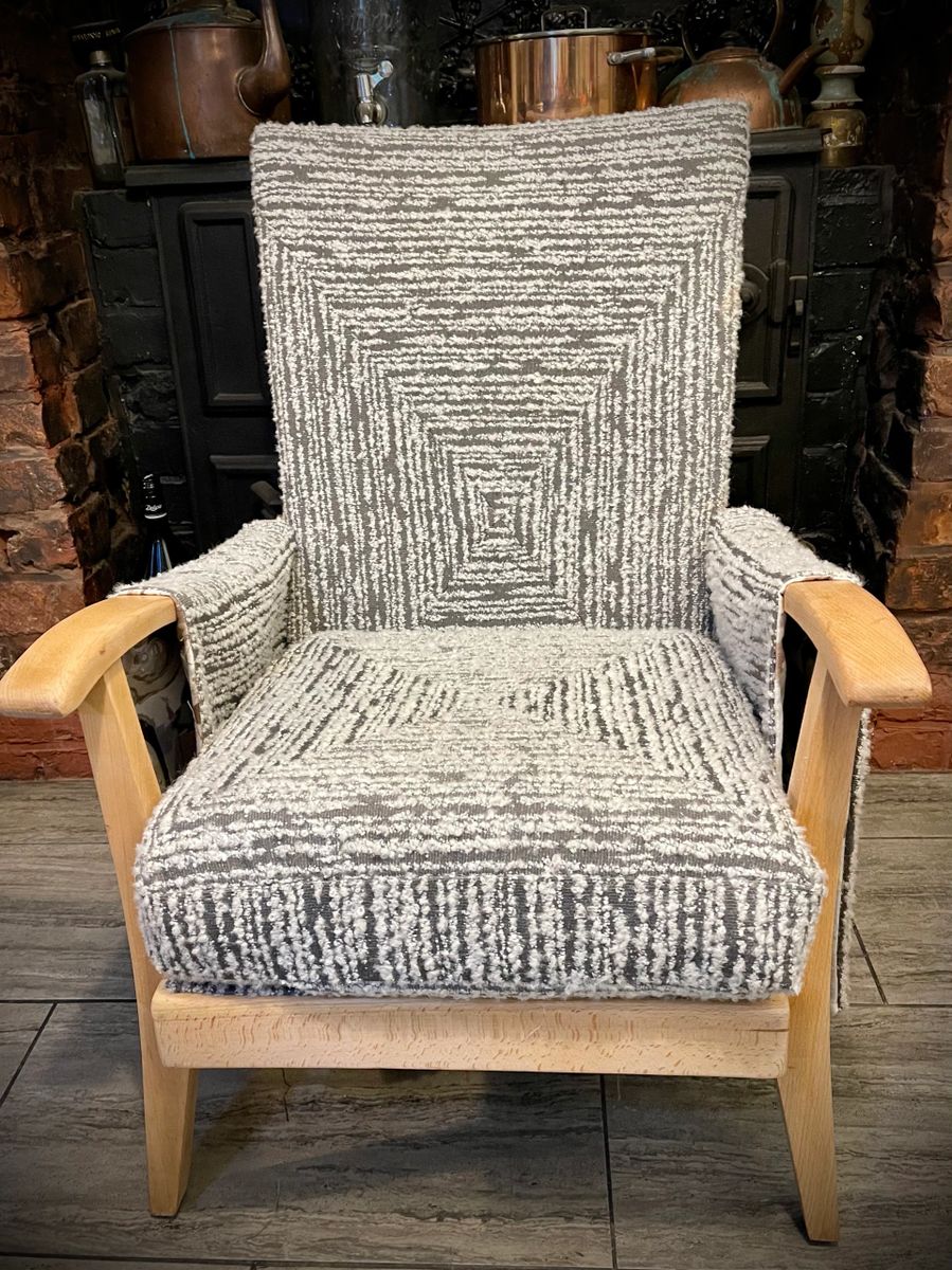 Reupholstered mid century fireside armchair in geometric slub jacquard  retro vintage grey and cream beech wood frame - Hunt Vintage