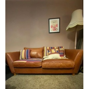 Vintage tan leather top seater Heals sofa, reupholstered using original 1970s stripe jute