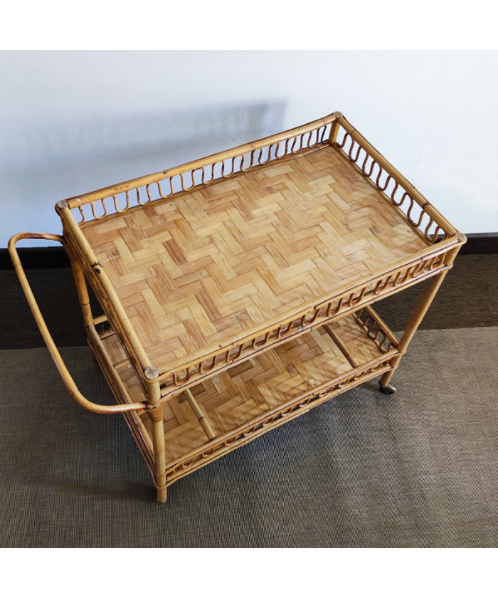 1960s Gorgeous Bamboo & Rattan Serving Bar Cart Trolley by Franco Albini.  Made in Italy - Hunt Vintage