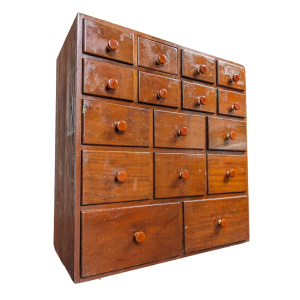 Bank of Antique Chemists Apothecary Drawers, Bakelite Handles