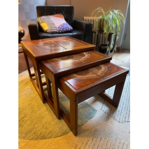 Mid century trio nesting tables with intact tile tops with teak frames and styled legs