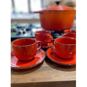 Kil Yugoslavia Slovenia. Set Of Four Vintage Ceramic Tea Cups And Saucers In Lava Red Glaze. Retro Style Pottery 70s