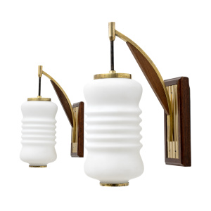 Pair of Mid-century Modern Italian Brass and Opaline Murano Glass Sconces, 1950s