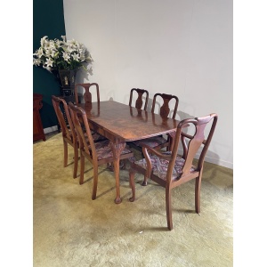 Vintage burr walnut veneered draw leaf table with six dining chairs