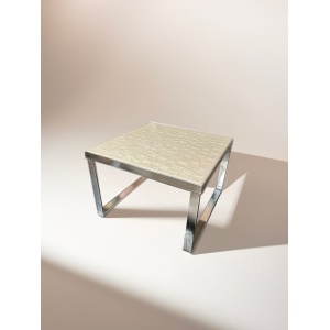 Mid Century Danish white ceramic tile square coffee table with high shine chrome base by Ansager Mobler