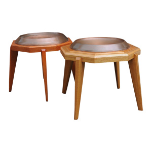 Octagonal Wooden Tables With Spun Copper Concave Tops, 1980s