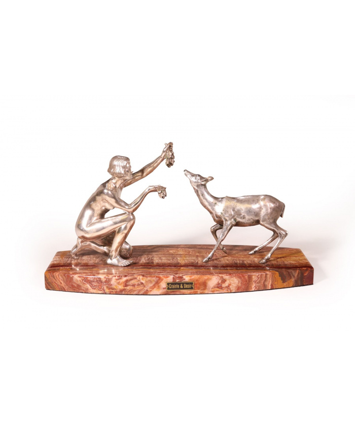 Art Deco Silvered Bronze Of Lady Feeding Deer By D’Arte C1930