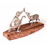 Art Deco Silvered Bronze Of Lady Feeding Deer By D’Arte C1930