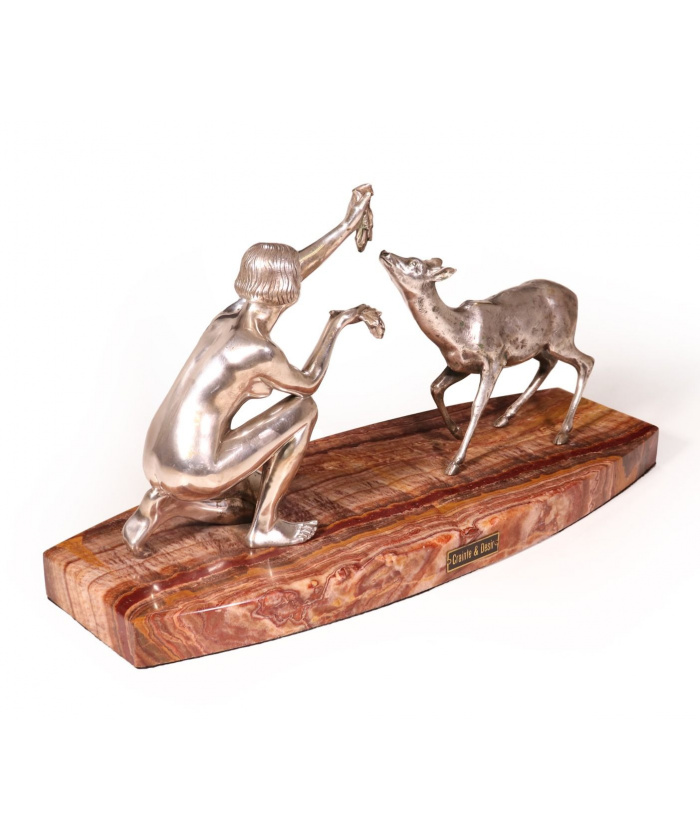 Art Deco Silvered Bronze Of Lady Feeding Deer By D’Arte C1930