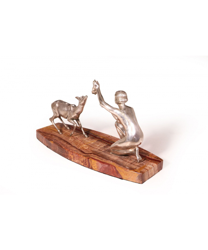 Art Deco Silvered Bronze Of Lady Feeding Deer By D’Arte C1930