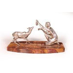 Art Deco Silvered Bronze Of Lady Feeding Deer By D’Arte C1930