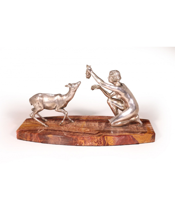 Art Deco Silvered Bronze Of Lady Feeding Deer By D’Arte C1930