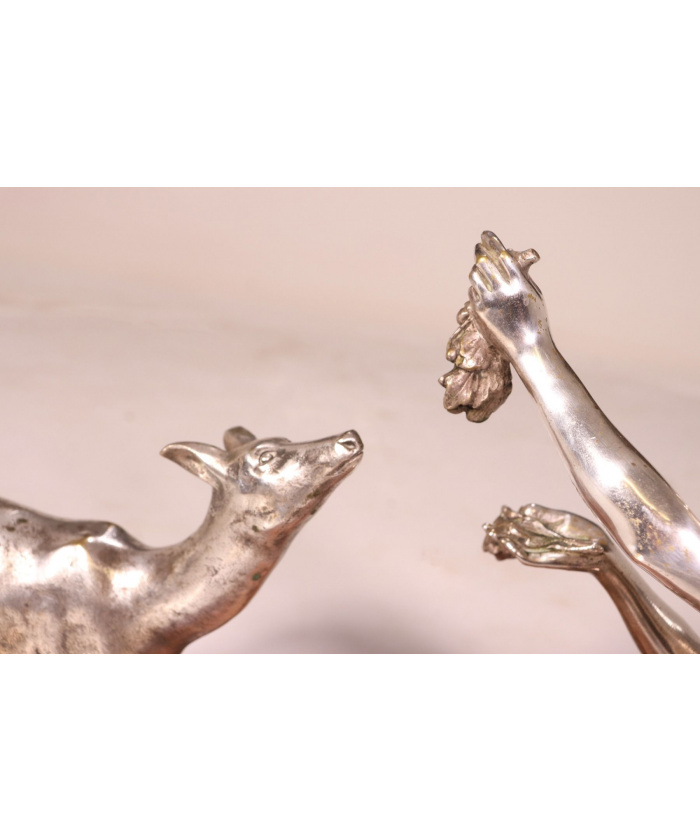 Art Deco Silvered Bronze Of Lady Feeding Deer By D’Arte C1930