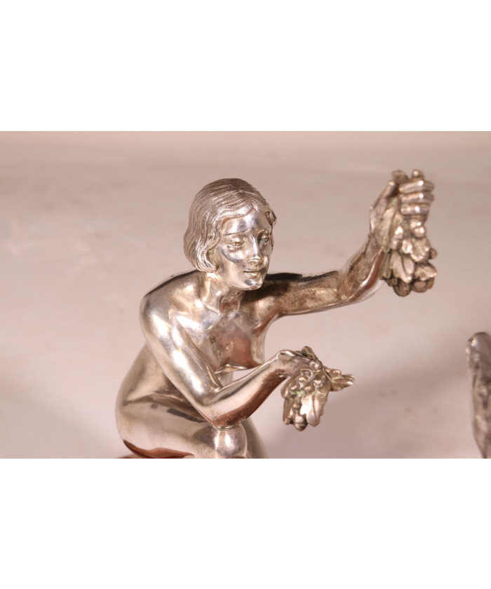 Art Deco Silvered Bronze Of Lady Feeding Deer By D’Arte C1930