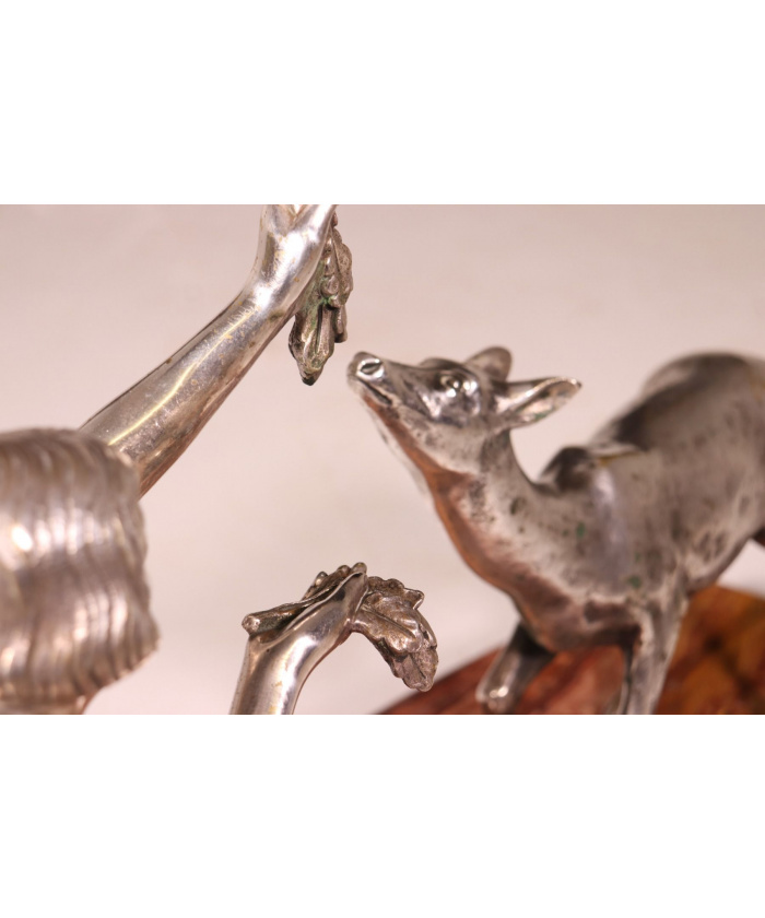Art Deco Silvered Bronze Of Lady Feeding Deer By D’Arte C1930