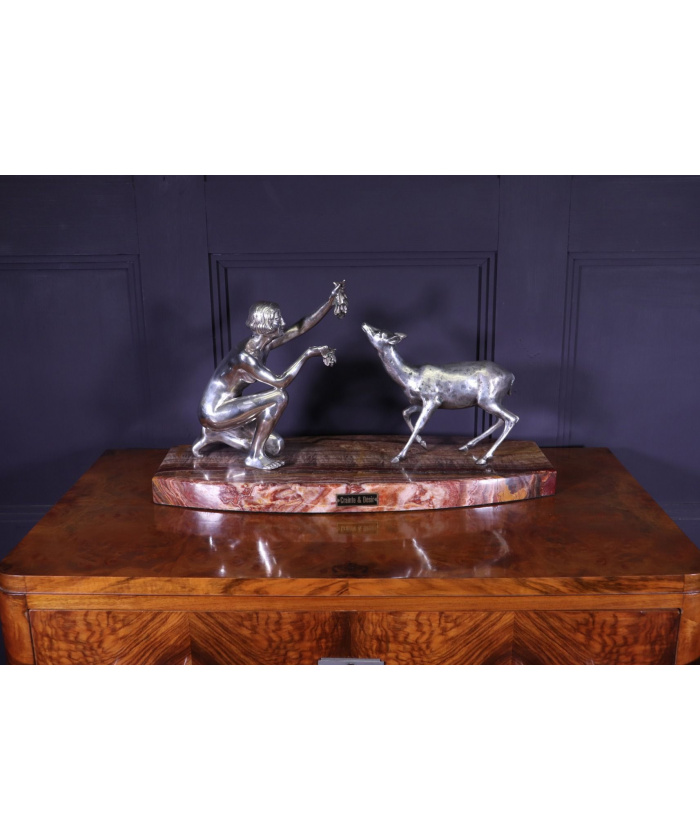 Art Deco Silvered Bronze Of Lady Feeding Deer By D’Arte C1930