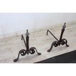 Set of antique fireplace tools in wrought iron and cast iron