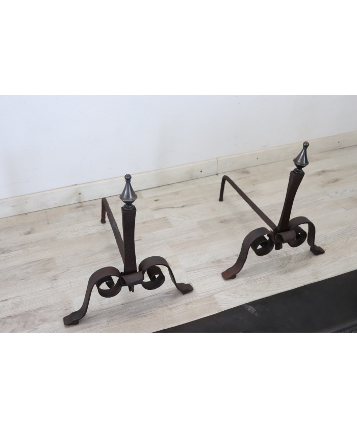 Set of antique fireplace tools in wrought iron and cast iron