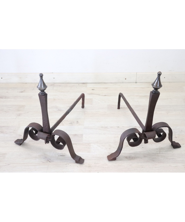 Set of antique fireplace tools in wrought iron and cast iron