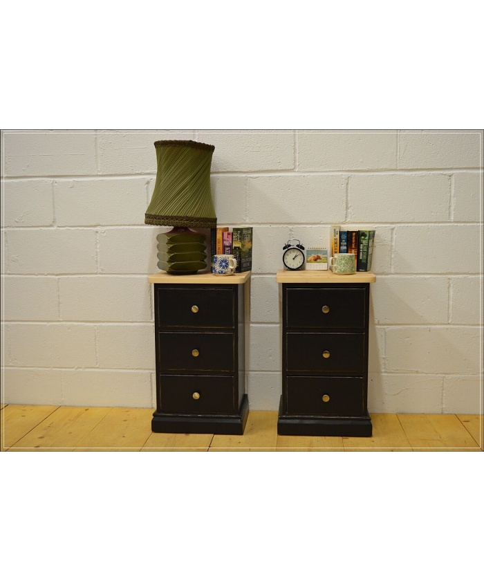 vintage bedside cabinet cabinets x 2 pair solid pine pitch black UK DELIVERY