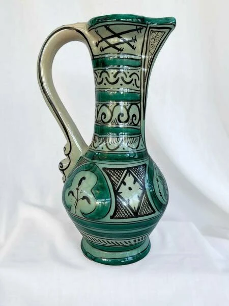 Large Vintage Earthenware Siglo XIII Paterna Jug Pitcher With Green Black Geometric Motif