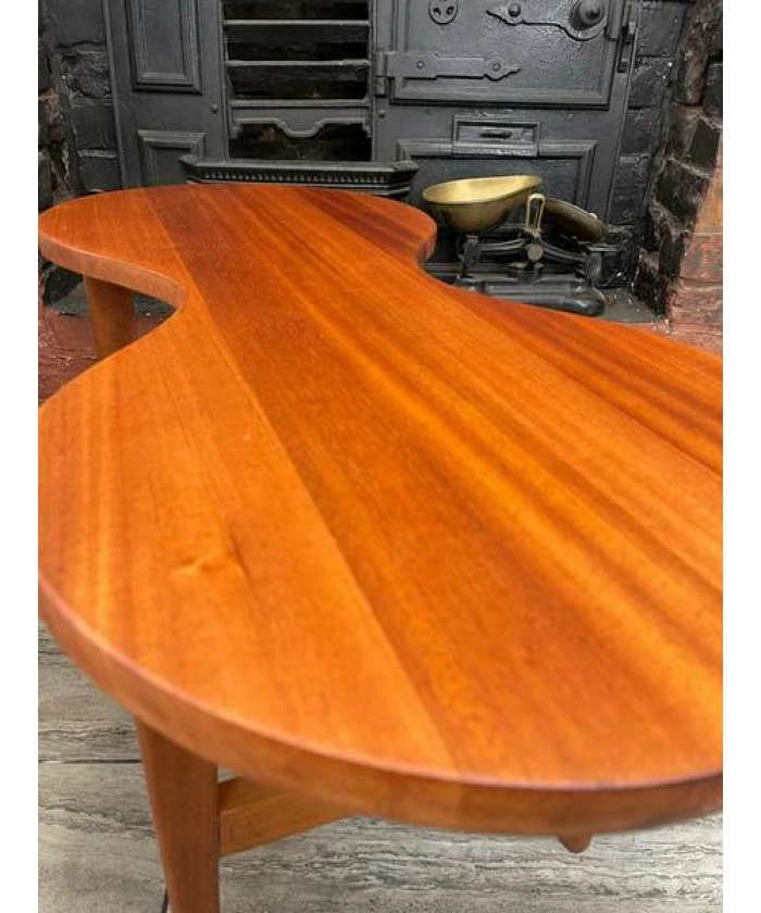 Mid Century Solid Teak Wood Guitar Coffee Table Circa 1960
