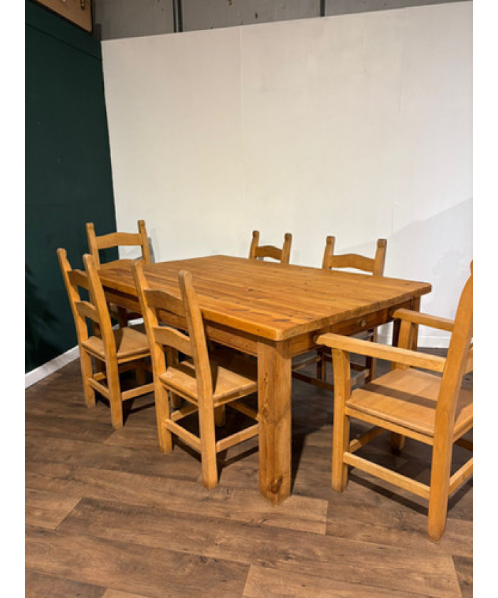 Exquisite Hand-Crafted Solid Pine Farmhouse Table with Six Heavy Beech Chairs