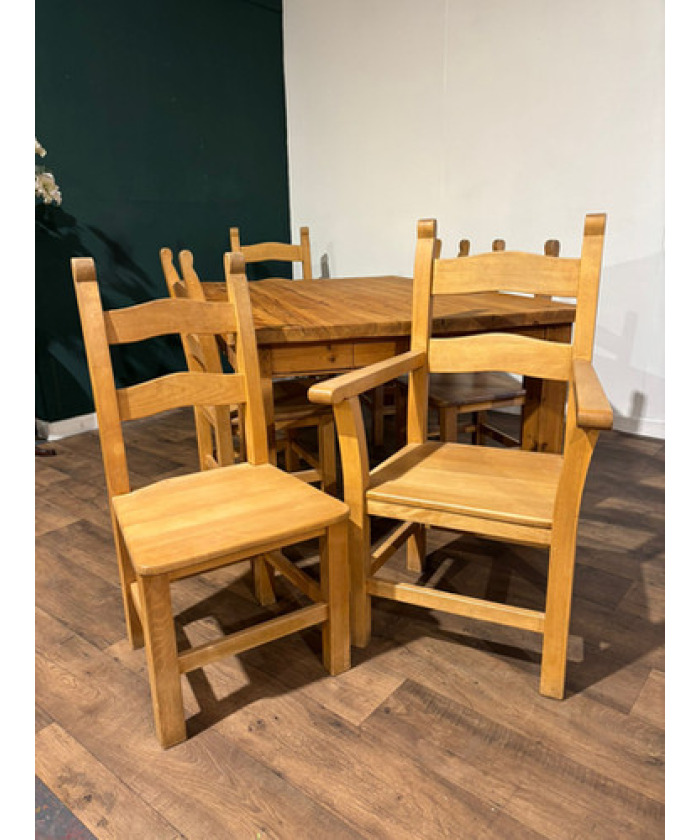 Exquisite Hand-Crafted Solid Pine Farmhouse Table with Six Heavy Beech Chairs
