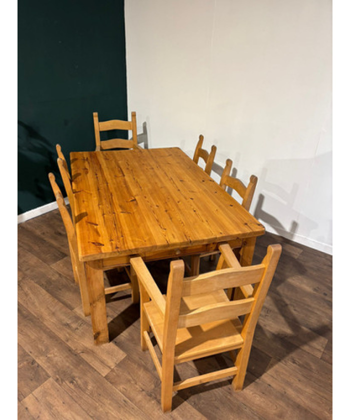 Exquisite Hand-Crafted Solid Pine Farmhouse Table with Six Heavy Beech Chairs