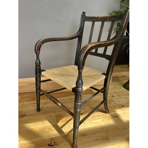 Antique English Arts & Crafts Elbow Chair with Rush Seat, Circa 1900